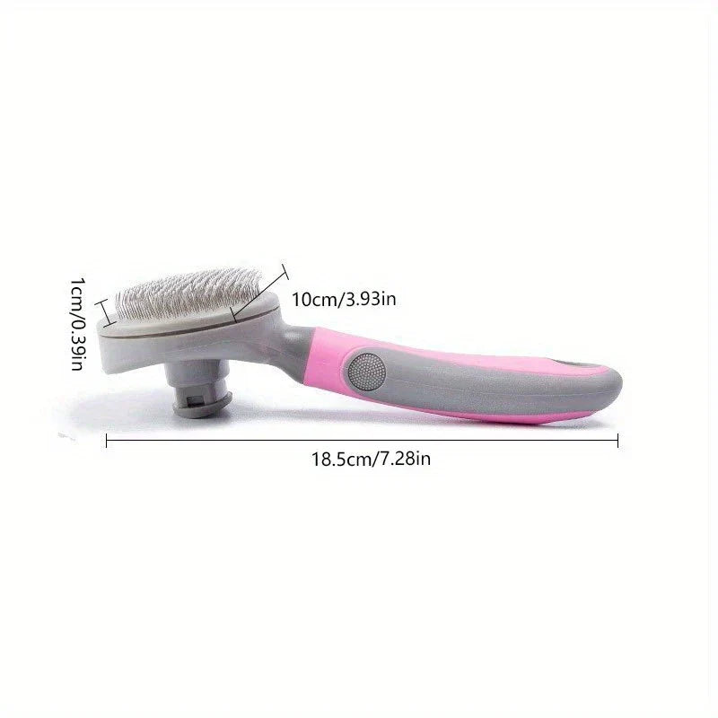Slicker Brush - Side view of a pet grooming brush showing pin bristle head and ergonomic handle