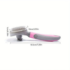 Slicker Brush - Side view of a pet grooming brush showing pin bristle head and ergonomic handle