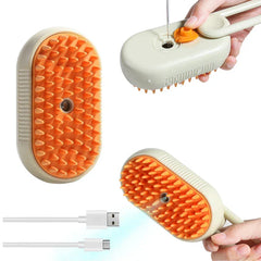 Pet Grooming Brush - Steam spray grooming brush with orange silicone bristles, shown with fill port, active mist function, and included USB-C charging cable