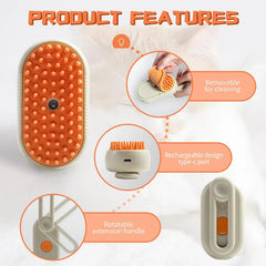 Pet Grooming Brush - Infographic displaying key design features of the steam spray grooming brush, including removable head, Type-C charging port, and rotatable handle