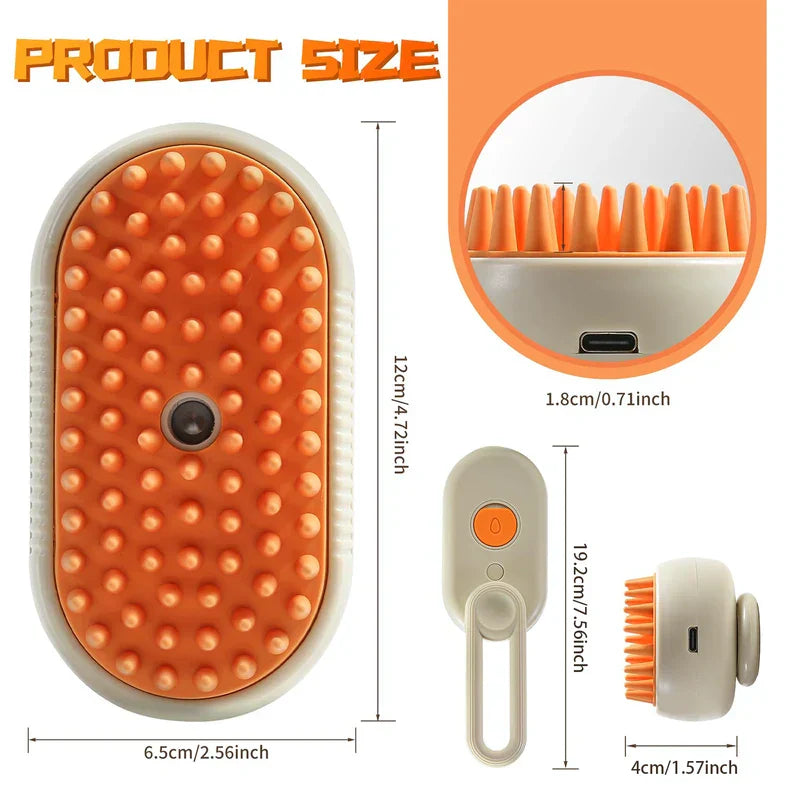 Pet Grooming Brush - Diagram showing product dimensions in centimeters and inches, with close-up of the brush teeth and charging port