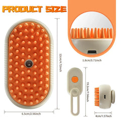 Pet Grooming Brush - Diagram showing product dimensions in centimeters and inches, with close-up of the brush teeth and charging port