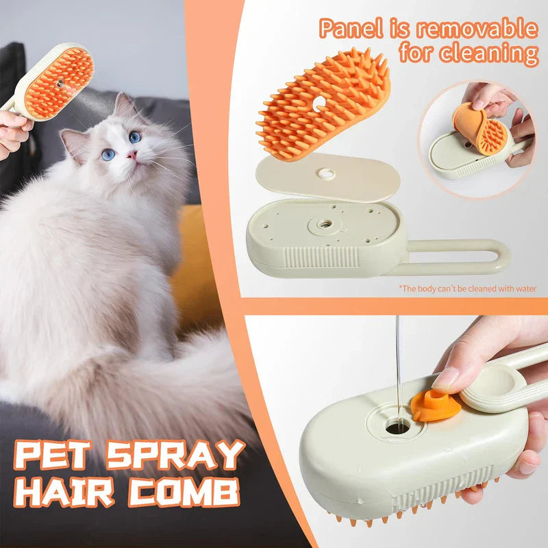 Pet Grooming Brush - Hand using the spray comb on a long-haired cat, with views of removable brush panel and filling the water port