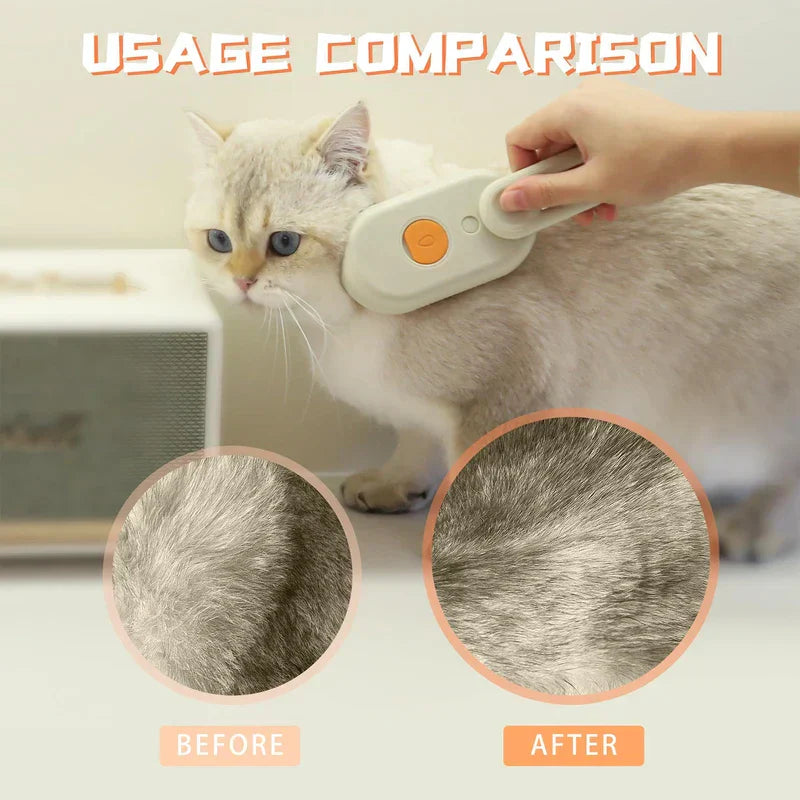Pet Grooming Brush - Hand brushing a light cat, with two close-up circles showing cat fur before and after grooming