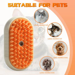Pet grooming brush with orange silicone bristle pad, shown with circular inset photos of long-haired cats and dogs