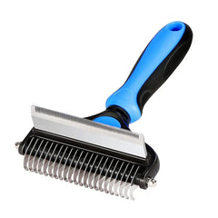 Pet Grooming Kit - Dual-sided grooming tool with blue and black ergonomic handle, featuring dematting teeth and deshedding edge