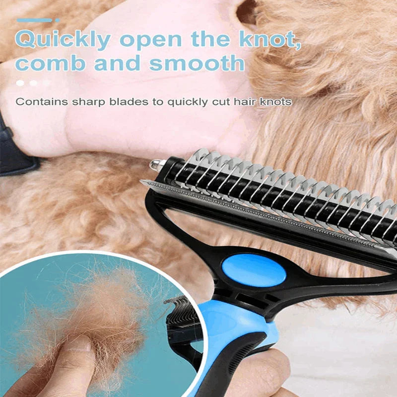 Pet Grooming Kit - Grooming tool being used on light curly pet fur, with inset showing collected loose fur