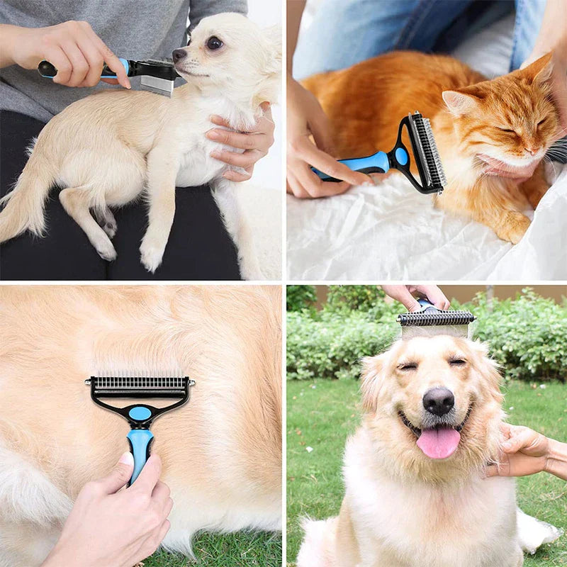 Pet Grooming Kit - This pet grooming tool is being used to comb the hair of pets (a small dog, an orange cat, and a large dog) as they are held still.