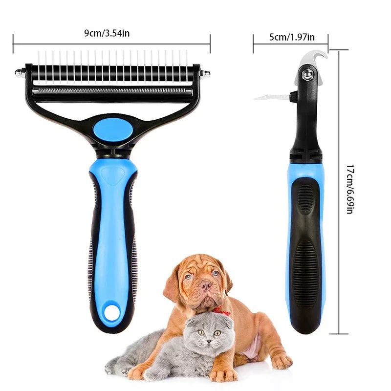 Pet Grooming Kit - This double-sided pet grooming tool (a blue and black comb) has dimensions marked (9cm/3.54in head width, 17cm/6.69in length, 5cm/1.97in side width) shown beside a brown puppy and a gray cat.