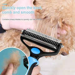 Pet Grooming Kit - This close-up of the pet grooming tool shows it on curly light brown pet fur, with text about opening knots and a small inset of collected fur.