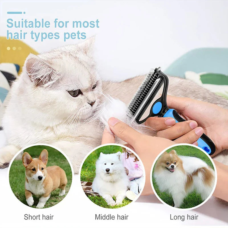 Pet Grooming Kit - Pet grooming brush being used on a white long-haired cat, with three circular insets showing short, medium, and long-haired dog breeds.