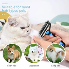 Pet Grooming Kit - Pet grooming brush being used on a white long-haired cat, with three circular insets showing short, medium, and long-haired dog breeds.
