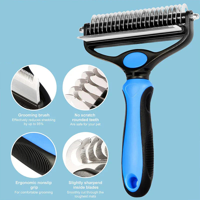 Pet Grooming Kit - Close-up of a two-sided pet grooming brush, with four circular insets highlighting its components and handle details.