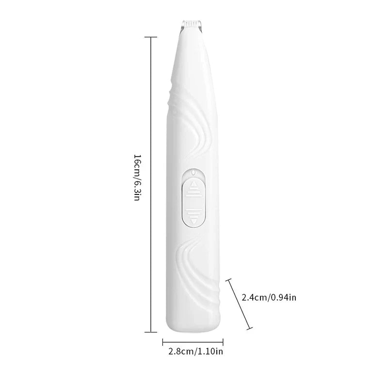 Trimmer - White pet hair clipper with dimensions labeled, shown from front view against plain white background