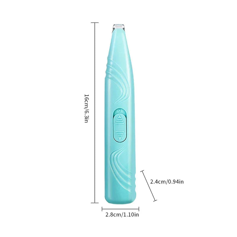 Trimmer - Light teal pet hair clipper with dimension markings, displayed front-facing on a white background
