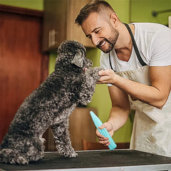 Smiling man holding a dog's paw and a light blue pet trimmer, with a curly gray dog on a grooming table