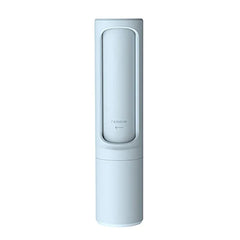 Light blue cylindrical pet hair remover brush with a removable panel marked 'remove' and an arrow indicator