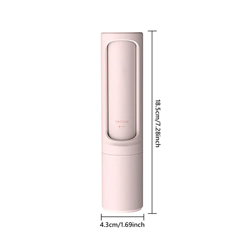 Light pink cylindrical pet hair remover brush shown with 18.5cm/7.28inch height and 4.3cm/1.69inch width dimensions on a white background.