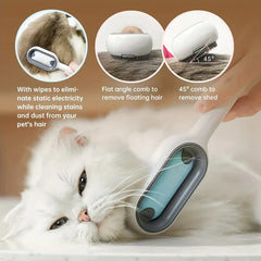 White pet hair remover brush shown grooming a white cat, with callouts for static reduction, floating hair removal, and 45-degree deshedding use