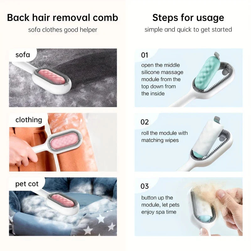 Pet hair remover demonstrated on sofa, clothing, and pet bed, alongside three-step usage instructions with a silicone module and wipes