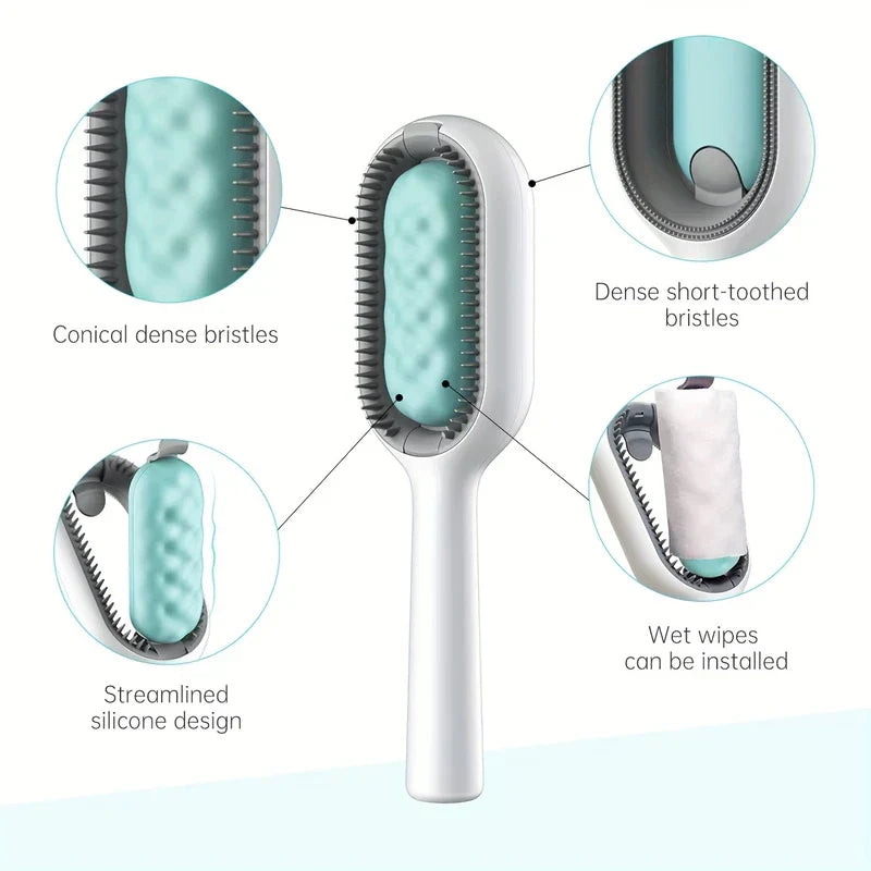 Pet hair remover brush with callouts showing conical bristles, short-toothed edges, silicone part, and wet wipe slot.