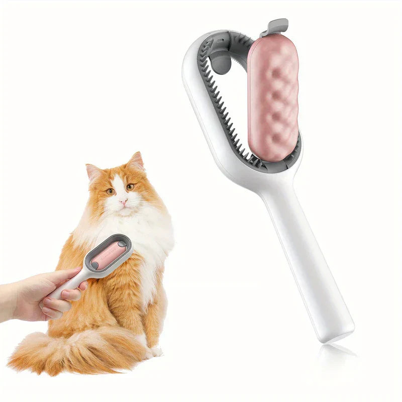 A hand uses a pet hair remover brush on an orange and white cat, with a larger view of the same brush shown alongside.