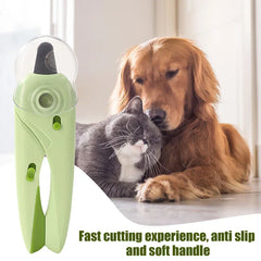 Light green canine nail clippers beside resting golden retriever and gray cat, with descriptive text below