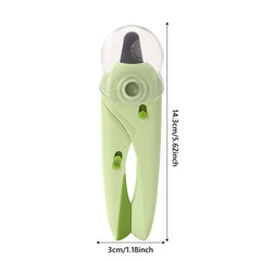 Light green canine nail clippers shown with 14.3cm height and 3cm width dimensions, with clear plastic blade cover
