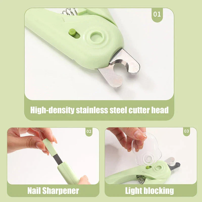 Light green canine nail clippers shown with labeled features: stainless cutter head, built-in sharpener, clear splash guard