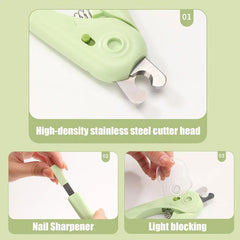 Light green canine nail clippers shown with labeled features: stainless cutter head, built-in sharpener, clear splash guard