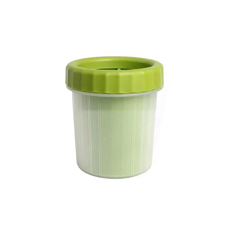 Green two-toned pet paw cleaner cup with ribbed green lid and vertical ridged semi-translucent body
