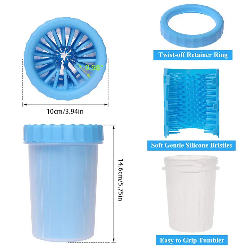 Diagram of disassembled pet paw cleaner cup with labeled parts and size dimensions