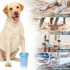 pfotenbürste zur reinigung - Gelber Labrador mit Pfote im Pfotenreiniger, neben Fotos von schmutzigen Hundepfoten