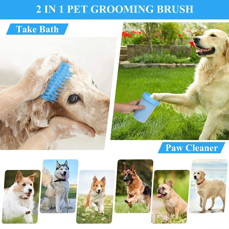 2-in-1 pet grooming brush and pet paw cleaner cup in use, with various dog breeds shown