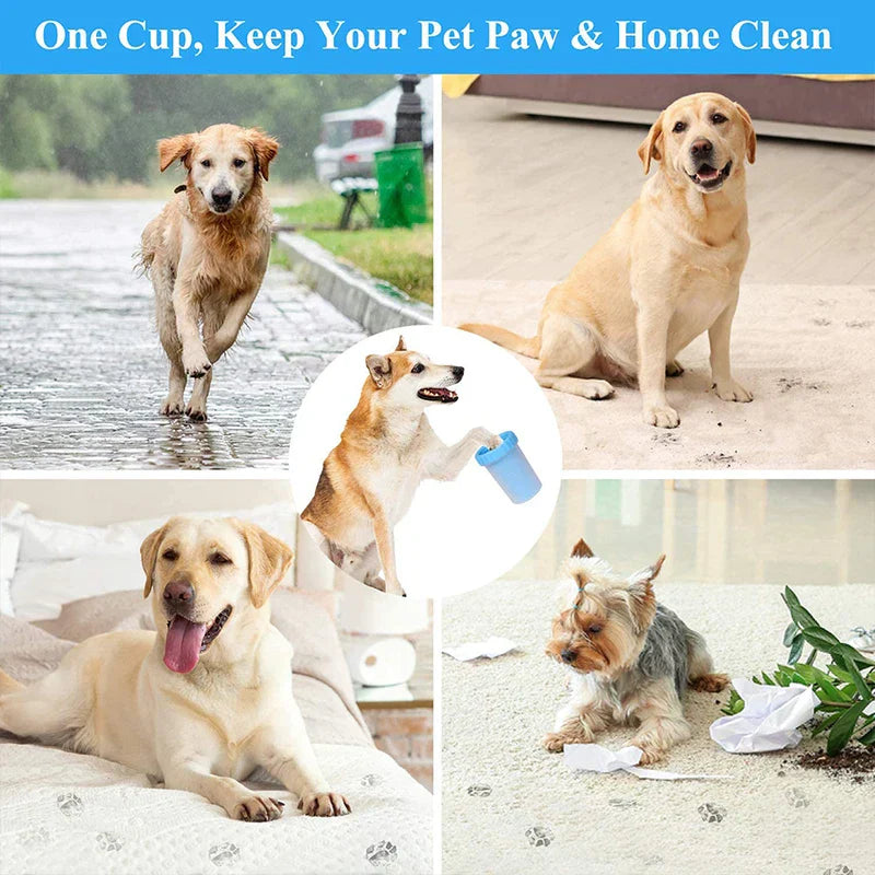 Collage showing dogs with muddy paws, home paw messes, and a dog holding a pet paw cleaner cup