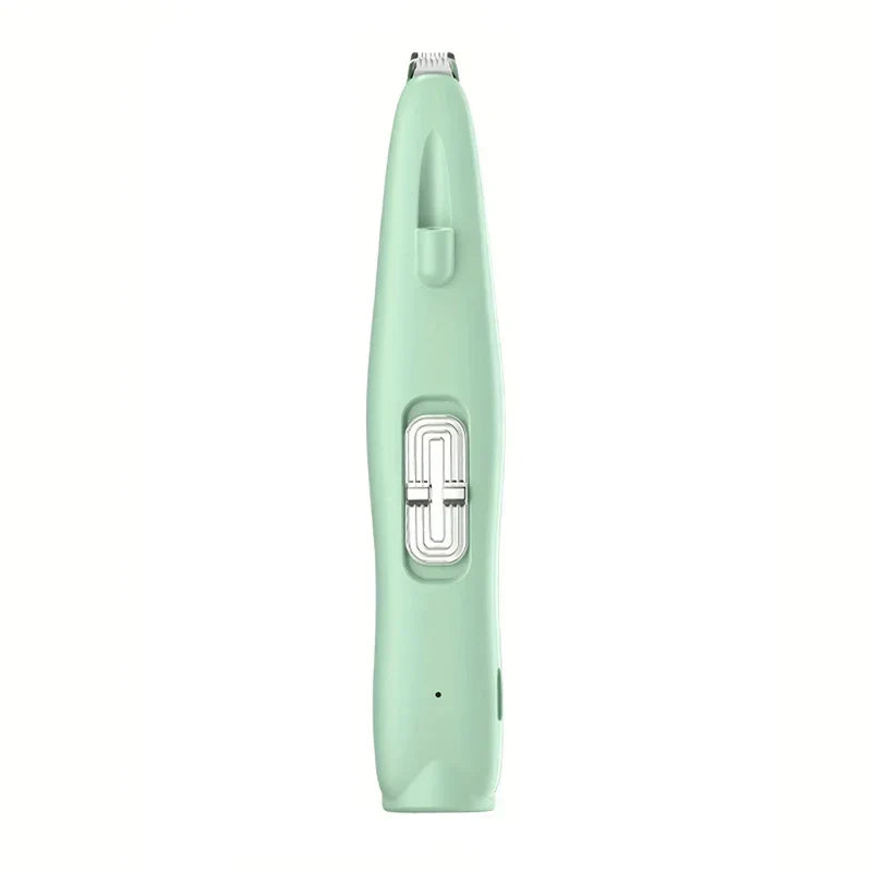 Light green cordless hair trimmer with silver sliding switch, shown front-facing on a white background.