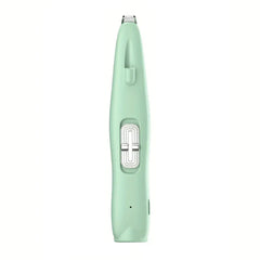 Light green cordless hair trimmer with silver sliding switch, shown front-facing on a white background.