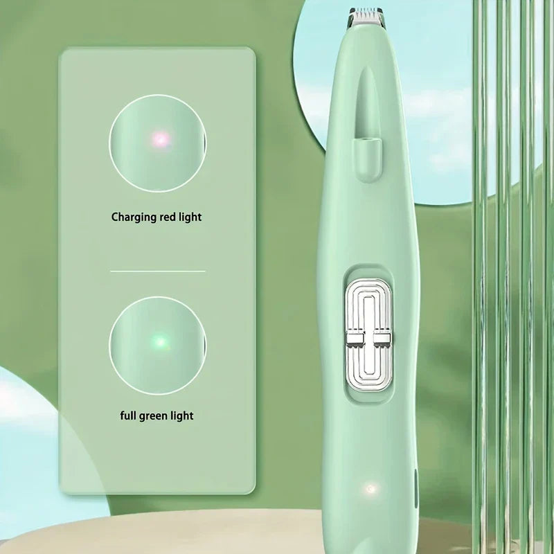 Un cortapelos de color verde claro se encuentra junto a un panel que muestra indicadores de luz roja de carga y luz verde de carga completa.