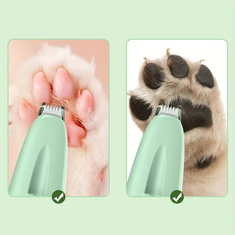 A light green pet hair trimmer is held against cat and dog paw pads, with green check marks below the trimmer.