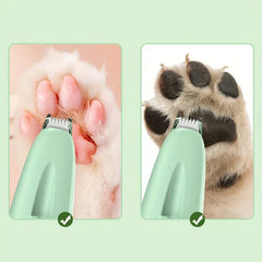 A light green pet hair trimmer is held against cat and dog paw pads, with green check marks below the trimmer.
