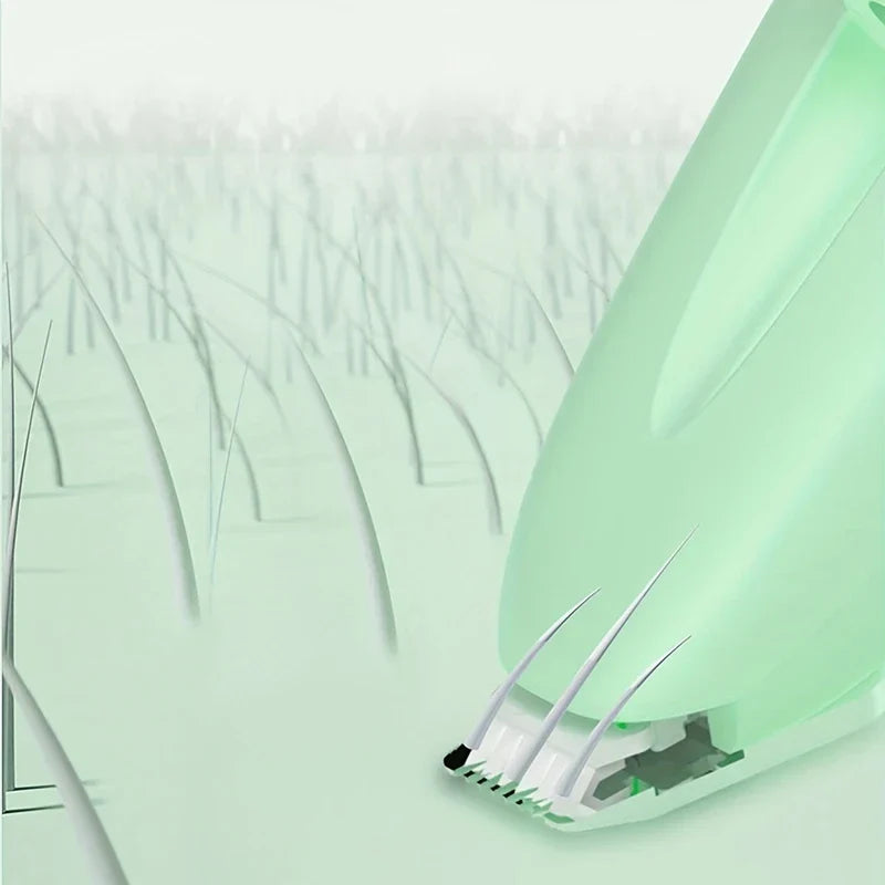 A magnified rendering of a light green hair trimmer blade cutting fine hairs, shown in a stylized close-up scene.