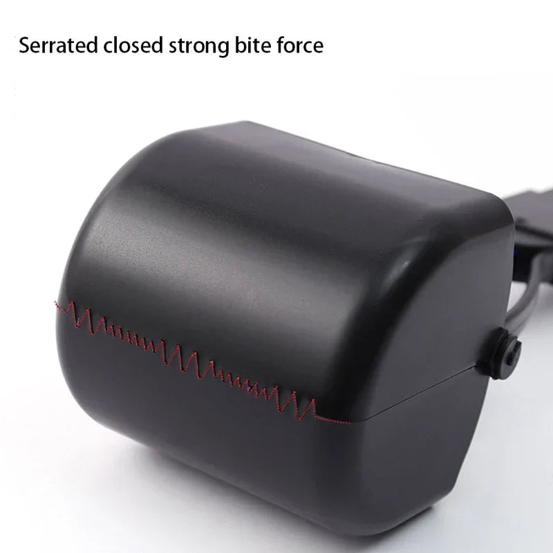 Close-up of a black jaw grabber showing its serrated closed edge with 'Serrated closed strong bite force' text above.