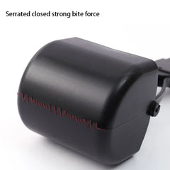 Close-up of a black jaw grabber showing its serrated closed edge with 'Serrated closed strong bite force' text above.