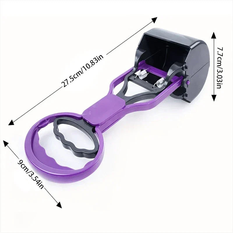 Purple and black jaw grabber with dimension labels: 27.5cm length, 7.7cm head width, 9cm handle diameter.