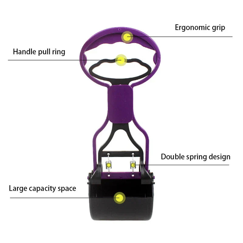 Front view of a purple and black jaw grabber with labeled parts: ergonomic grip, handle pull ring, double springs, large capacity space.