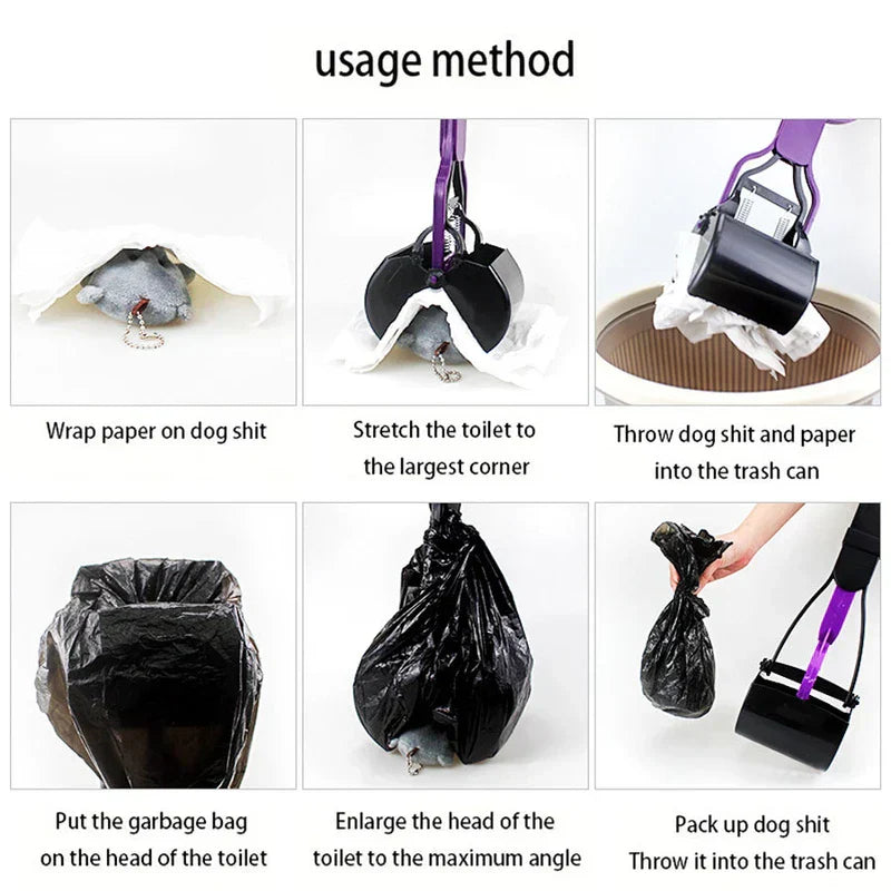 Step-by-step usage method diagram showing how to pick up dog waste with a jaw grabber, two demonstrated cleanup methods