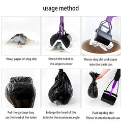 Step-by-step usage method diagram showing how to pick up dog waste with a jaw grabber, two demonstrated cleanup methods