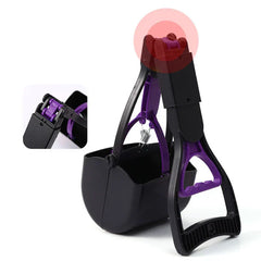 A black and purple jaw grabber pet waste tool, with a close-up inset of its folding hinge joint