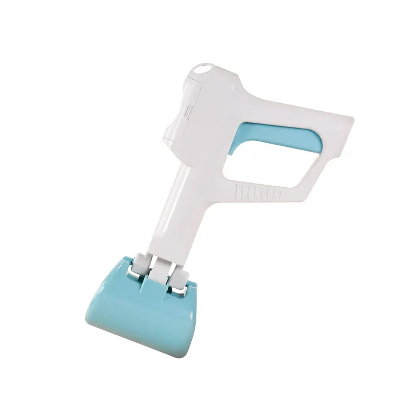 Closed light blue and white poop scooper shown from a side angle against a plain background