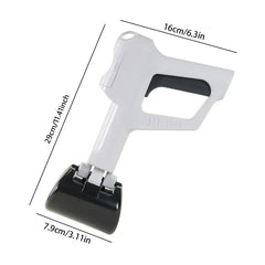 Black and white poop scooper with dimension labels: 29cm, 16cm, 7.9cm